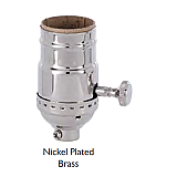 Brass Shell Lamp Socket with Turn Knob & 3-Way Interior - No UNO Thread-Nickel Plated Brass