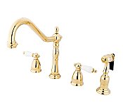 Heritage Widespread Deck Mount Kitchen Faucet with Brass Sprayer - Porcelain Lever Handles - Polished Brass