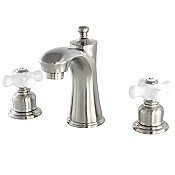 Victorian Widespread Lavatory Faucet - Porcelain Cross Handles - Satin Nickel