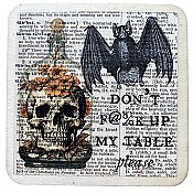 Repurposed Antique Dictionary Page Drink Coaster - Don't F@#k Up My Table - Creepy Bat & Skull