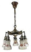 Antique Brass 5-Arm Ceiling Light Fixture with Scenic Shades - Circa 1920