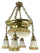 Antique Bowl and Shower Ceiling Light Fixture with Reverse Painted Floral Shades - Circa 1920