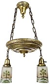 Antique 2-Light Wrought Bronze Pan Ceiling Light Fixture with Hand Painted Shades - Circa 1920