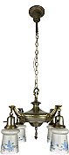 Antique 4-Light Dual Tone Pan Ceiling Light Fixture with Reverse Painted Shades - Circa 1920