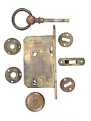 Antique Cast Bronze Door Knob and Ring Pull Pair with Mortise Lock, Rosettes and Keyholes - Circa 1920