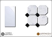 Marble Mosaics Honed Marble Octagon Tile Sample Card in 'Carrara White' with 'Jet Black'  Dot