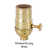 Brass Shell Lamp Socket with Turn Knob & 3-Way Interior - No UNO Thread-Polished & Lacquered Brass