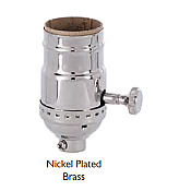 Brass Shell Lamp Socket with Turn Knob & 3-Way Interior - No UNO Thread-Nickel Plated Brass