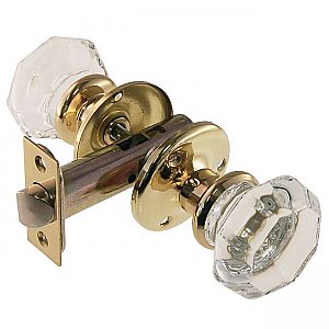 Passage Door Set, 8 Point Glass Knobs with Traditional Rosettes, Polished Brass