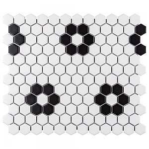 Metro 1" Matte Porcelain Hex  Mosaic Tile - White with Heavy Black Flowers - Sold Per Case of 10 - 8.65 Square Feet