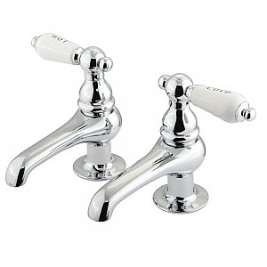 Restoration Basin Sink Faucet Separate Hot & Cold Taps - Porcelain Lever Handles - Polished Chrome