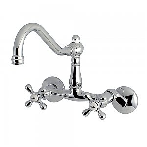 Vintage Style Wall Mount Kitchen Faucet - Metal Cross Handles - Polished Chrome