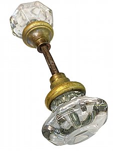 Antique 8-Point Octagon Crystal / Glass Door Knob Pair - Brass or Bronze Neck With Mercury Bubble Center - Circa 1900