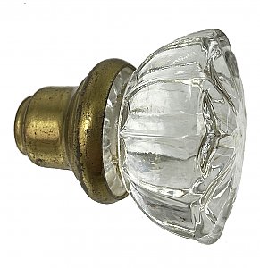 Antique 12-Point Fluted Crystal / Glass Door Knob Single - Brass or Bronze Neck - Circa 1900
