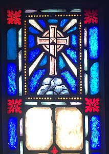 Antique Ecclesiastic Stained Glass Window Sash Circa 1880 - Blue, Red, Yellow - Cross on a Hill