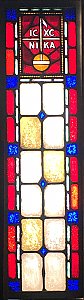 Antique Ecclesiastic Stained Glass Window Sash Circa 1880 - Blue, Red, Yellow - IC XC NIKA Jesus Christ Conquers