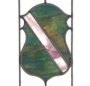 Antique Art Deco Stained Glass Window With Green Slag Glass and Shield Motif
