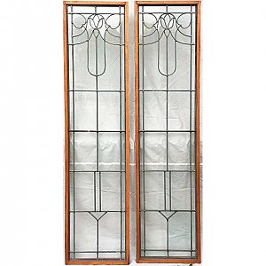 Antique Art Nouveau Leaded Glass Sidelight Window Pair With Tulip Design Circa 1905