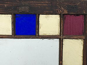 Antique Stained Glass Cottage or Queen Anne Window Sash - Blue, Amber, Purple - Circa 1880