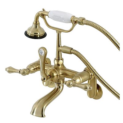 Aqua Vintage 7-Inch Adjustable Wall Mount Tub Faucet with Hand Shower - Adjustable Center - Metal Lever Handles - Brushed Brass