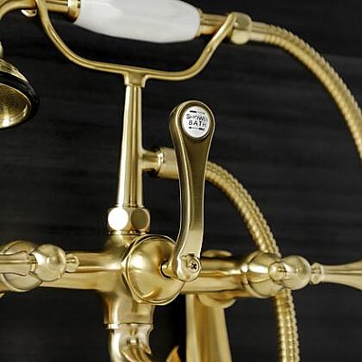 Aqua Vintage 7-Inch Adjustable Wall Mount Tub Faucet with Hand Shower - Adjustable Center - Metal Lever Handles - Brushed Brass