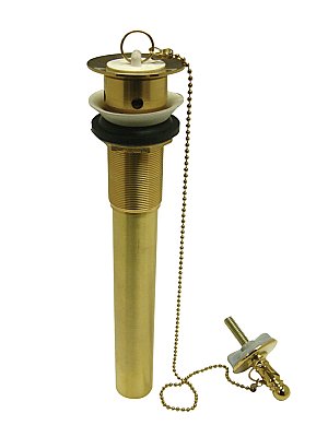 Bathroom Sink Drain with Rubber Stopper & Sink Mounted Chain - Polished Brass