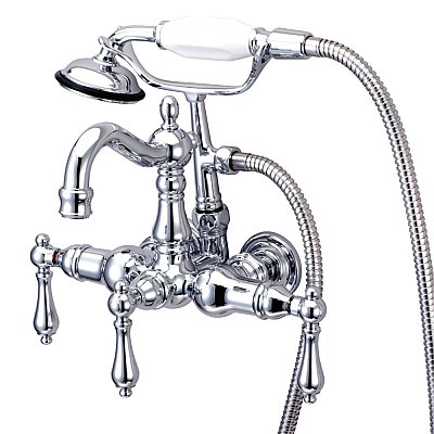 Wall Mount Victorian Clawfoot Tub Faucet with Hand Shower 3-3/8" on Center - Metal Lever Handles - Polished Chrome