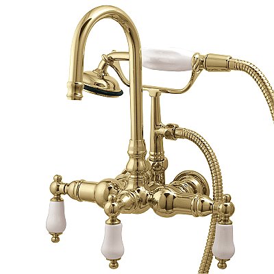 Gooseneck Wall Mount Clawfoot Tub Faucet with Hand Shower - 3-3/8" on Center - Porcelain Lever Handles - Polished Brass