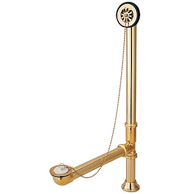 Clawfoot Tub Bath Drain and Overflow Unit - Chain and Rubber Stopper - Polished Brass