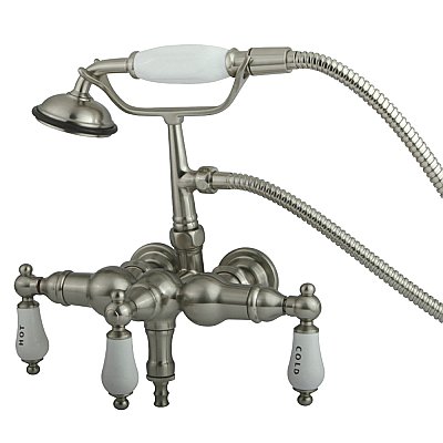 Wall Mount Clawfoot Tub Faucet with Hand Shower - 3-3/8" on Center - Porcelain Lever Handles - Satin Nickel