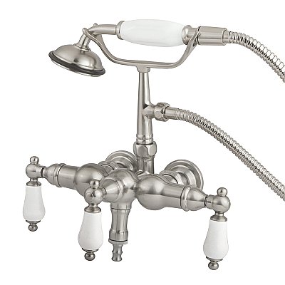 Wall Mount Clawfoot Tub Faucet with Hand Shower - 3-3/8" on Center - Porcelain Lever Handles - Satin Nickel