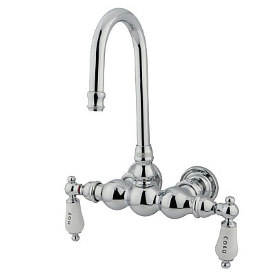 Gooseneck Wall Mount Clawfoot Tub Faucet - 3-3/8" on Center - Porcelain Lever Handles - Polished Chrome
