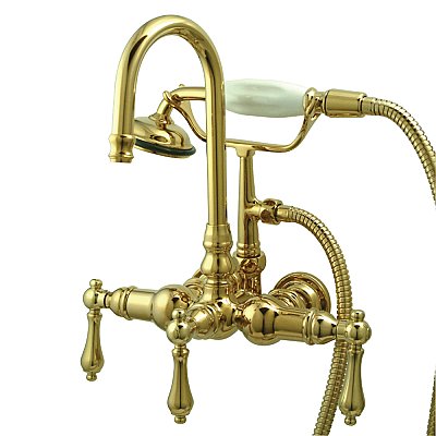 Gooseneck Wall Mount Clawfoot Tub Faucet with Hand Shower - 3-3/8" on Center - Metal Lever Handles - Polished Brass