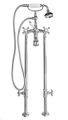 Freestanding Tub Filler / Faucet with Porcelain Hand Shower and Supply Lines with Shut-Off Valves - 6" on Center