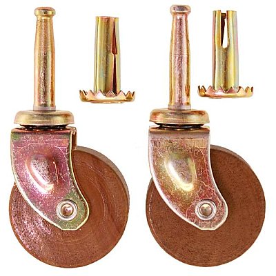 Pair of Ball-Bearing Wooden Wheel Furniture Casters - Dark Wood - Medium