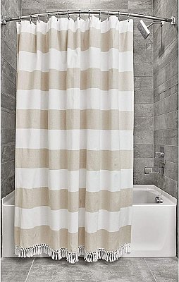 100% Cotton Wide Stripe Fringe Shower Curtain - Linen & White