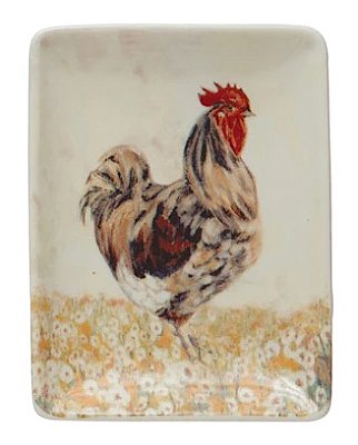 Stoneware Soap Dish or Plate with Country Rooster Farm Scene