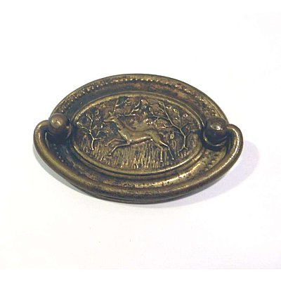 Oval Drawer Pull with Deer Design, Antique Brass