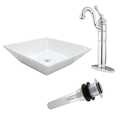 Kingston Brass Vessel Sink With Heritage Sink Faucet and Drain Combo - White with Polished Chrome