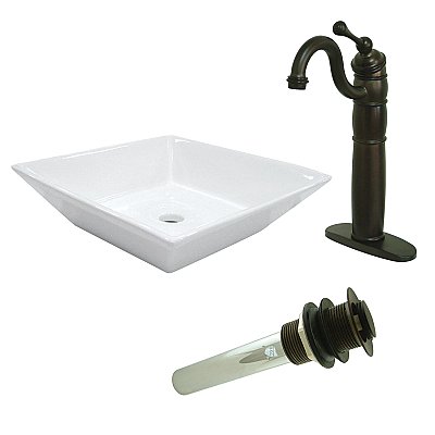 Kingston Brass Vessel Sink With Heritage Sink Faucet and Drain Combo - White with Oil Rubbed Bronze
