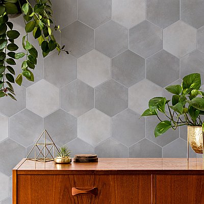 Industrial Hex Silver 8-1/2" x 9-7/8" Porcelain Floor & Wall Tile - 9 Tiles Per Case - 4.05 Sq. Ft.