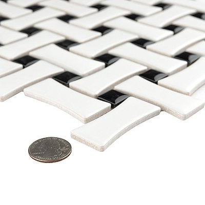 Metro Dog Bone Basket Weave Matte White/Gl Black Dot 10" x 10" Porcelain Mosaic Tile - Sold Per Case of 10 - 7.1 Sq. Ft.