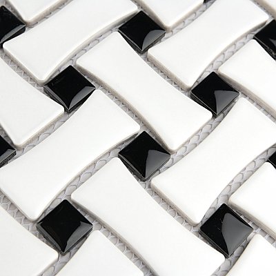 Metro Dog Bone Basket Weave Matte White/Gl Black Dot 10" x 10" Porcelain Mosaic Tile - Sold Per Case of 10 - 7.1 Sq. Ft.