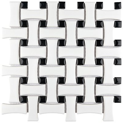 Metro Dog Bone Basket Weave Matte White/Gl Black Dot 10" x 10" Porcelain Mosaic Tile - Sold Per Case of 10 - 7.1 Sq. Ft.