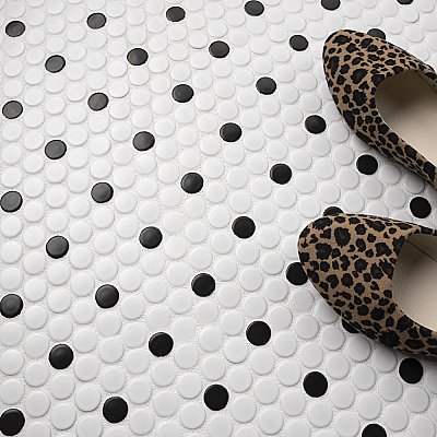Metro Penny Matte 9-3/4" x 11-1/2" White with Black Dot Porcelain  Mosaic Tile - Sold Per Case of 10 - 7.97 Square Feet
