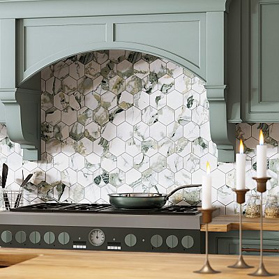 Touche 4" Hex Jade 11-3/4" x 13-5/8" Porcelain Mosaic Tile - 1 Tiles Per Case - 1.13 Square Feet
