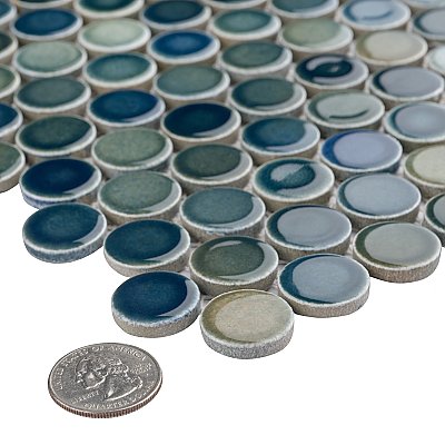 Hudson Penny Round Lagoon 11-7/8" x 12-5/8" Porcelain Mosaic Tile -10 Sheets Per Case -10.5 Sq. Ft.