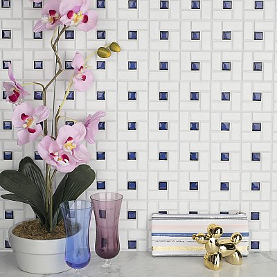 Spiral Blue and White 12-5/8" x 12-5/8" Porcelain Mosaic Tile -10 Tiles Per Case -11.3 Sq. Ft.
