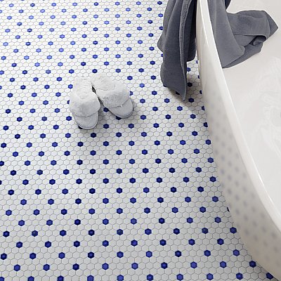 Metro Ion 1" Hex Sapphire Dot With Glossy White 10-1/4" x 11-7/8" Porcelain Mosaic Floor & Wall Tile