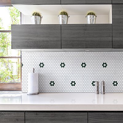 Metro Ion 1" Hex Emerald Single Flower With Gloss White 10-1/4" x 11-7/8" Floor & Wall Tile - 10 Tiles Per Case - 8.6 Sq. Ft.